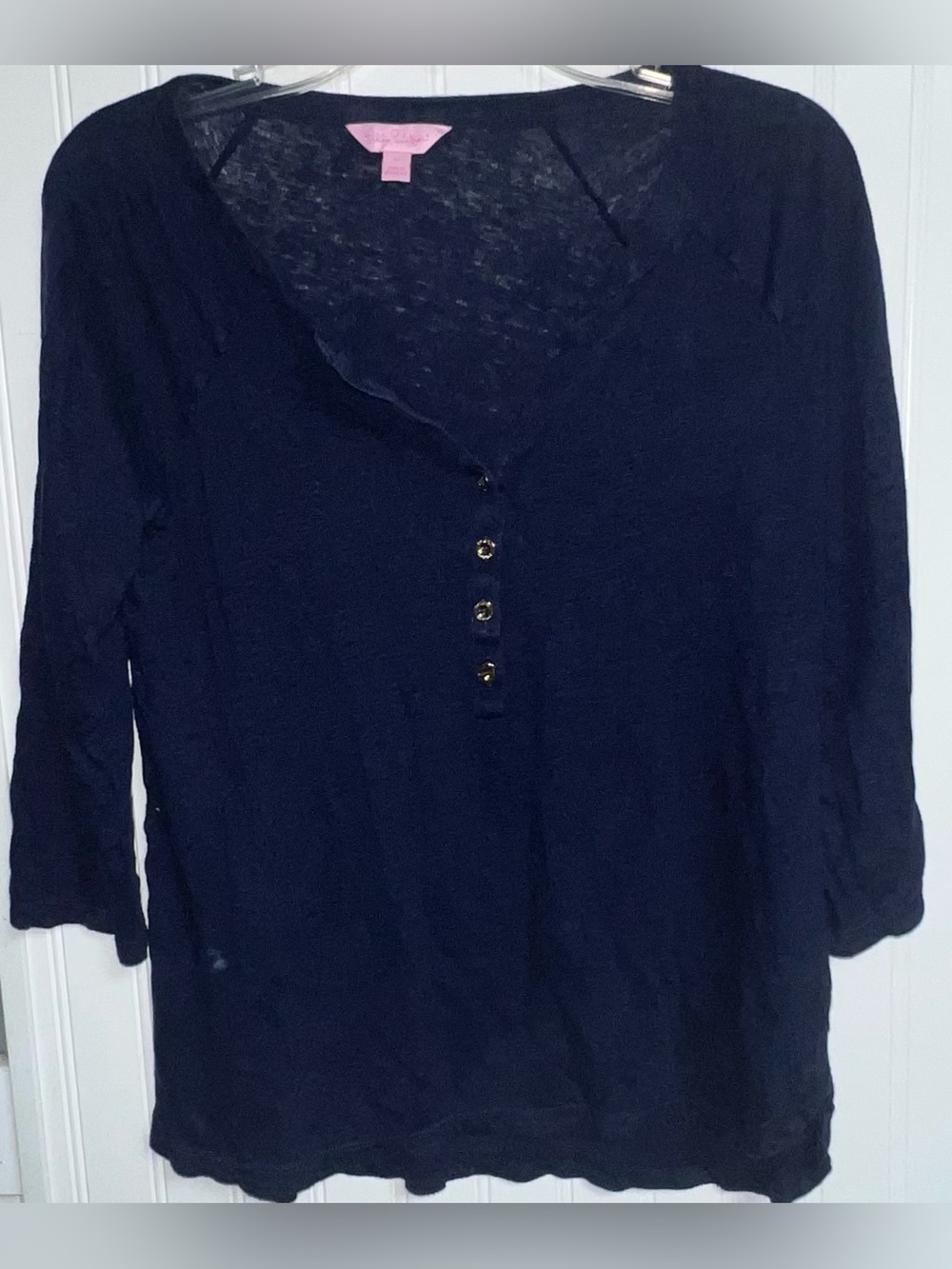 Lilly Pulitzer Henley Top Size Medium Navy Blue 100% Linen 3/4 Sleeves
